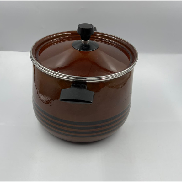 Vtg West Bend Brown Enamelware Scandia Bean Stock Pot W Lid Handles MCM - Picture 11 of 13